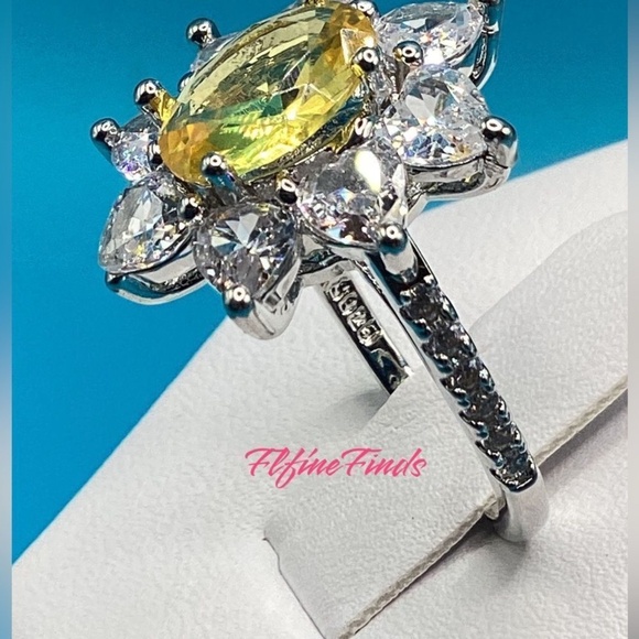 Sterling Silver Canary yellow Sunflower Cz Diamond Ring - Picture 9 of 13